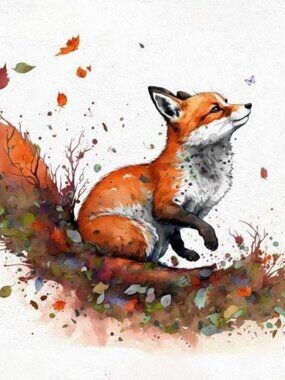 4x6 Fox Playing with Butterfly Autumn Leaves Art Print